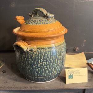 Appalachian Spring Studio Pottery Stoneware Crock with Lid and Ladle Blue Green